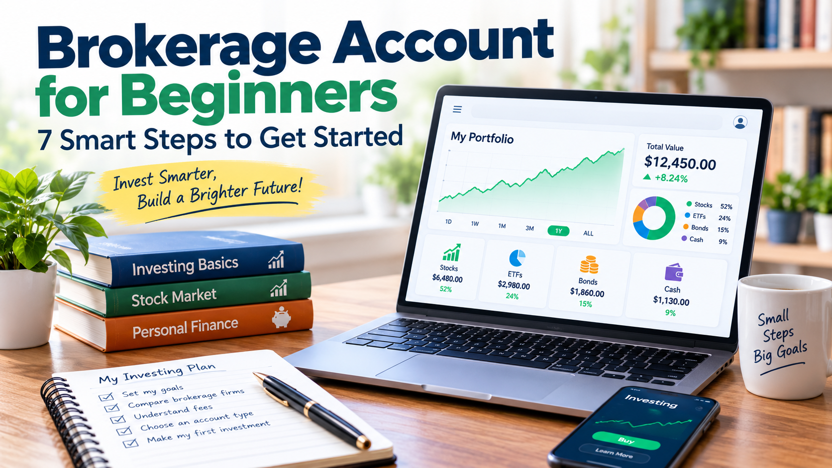 Brokerage account for beginners showing an investment portfolio dashboard on a laptop